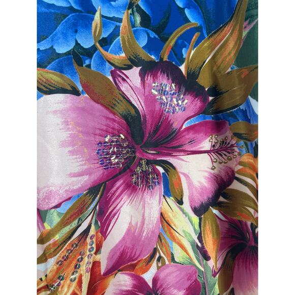 Chicos Top 3 XL White Blue Pink Big Floral Sequins Dolman Slv Boxy Palm Tropical - Picture 3 of 10